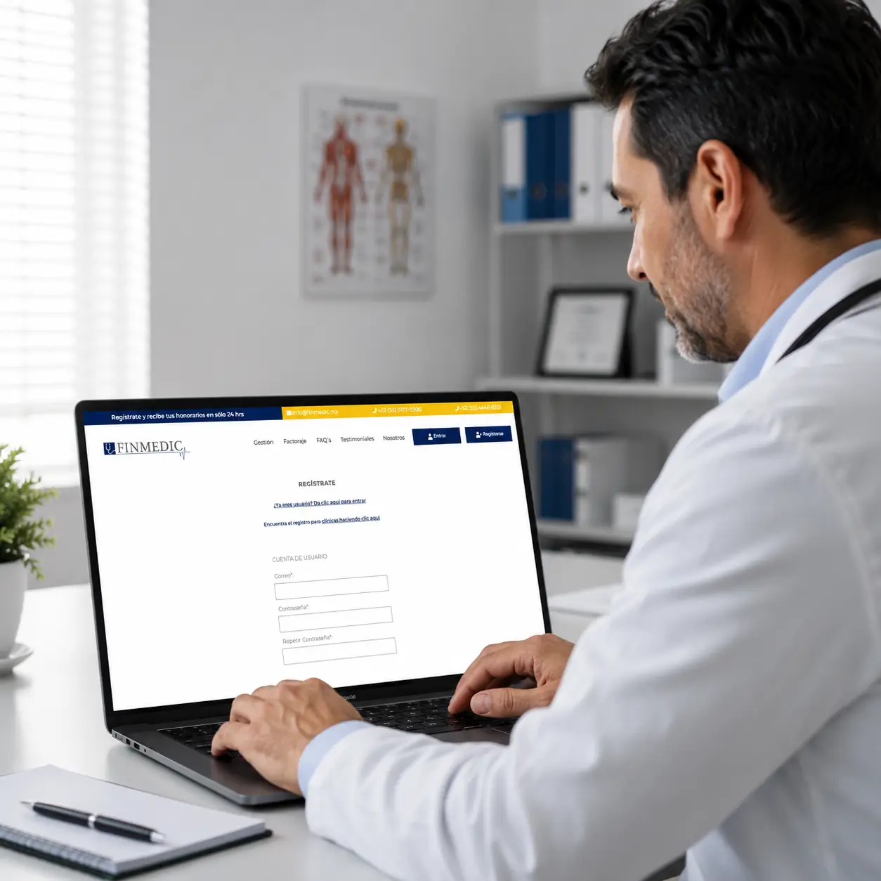 Médico llenando el formulario de registro en Finmedic